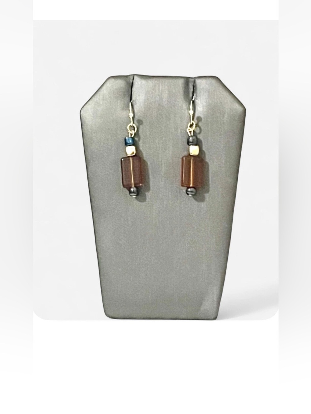 Artisan Brown Glass Rectangle Tube Dangle Earrings Beaded Drop Silver Tone Hooks